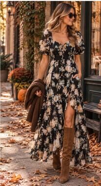 Scarlet Darkness Floral Maxi Dress M Smocked Puff Sleeve Cottagecore